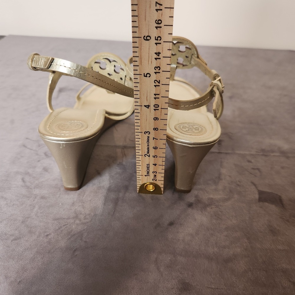 Tory Burch Gold Metallic Miller Logo T-Strap Low Wedge Sandal Leather Size 10M - Picture 6 of 9